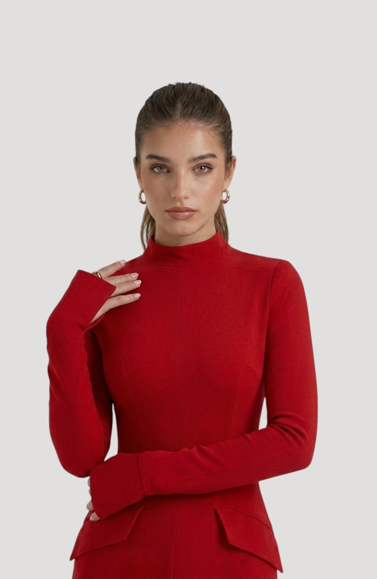 LORVENES red long-sleeve mock neck party dress with flattering fit and subtle shimmer. Model wears gold hoop earrings and a ring.