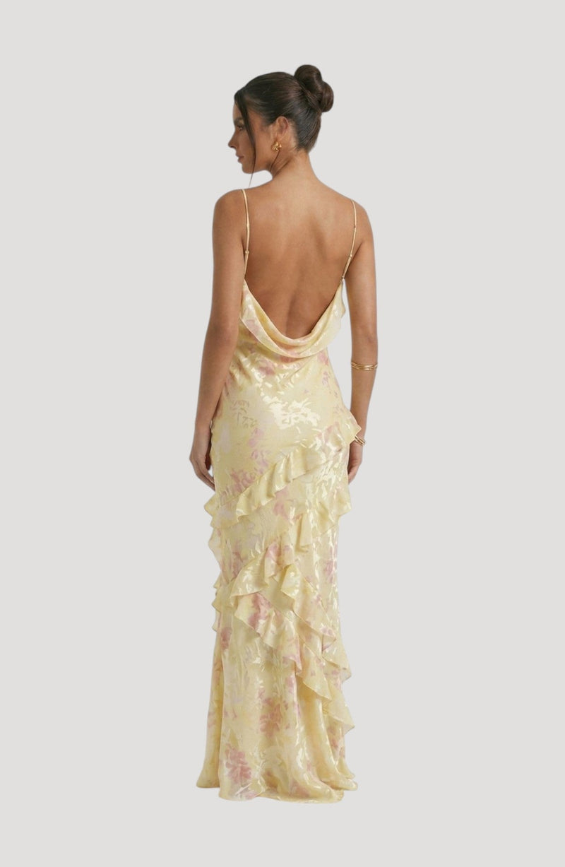 LORVENES yellow satin floral print midi dress with cowl neck and tiered ruffles
