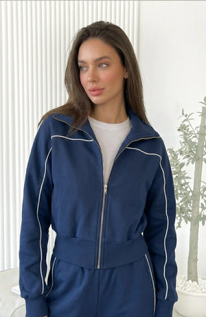 LORVENES striped street cardigan set featuring a cozy, stylish cardigan and matching bottoms on a model.
