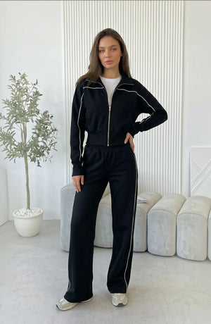 LORVENES striped street cardigan set with matching top and pants, featuring bold horizontal stripes and a cozy knit texture.