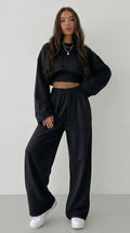 Casual sweater suit women 2023 fashion pullover long-sleeved navel sweater + suspenders straight-leg wide-leg pants three-piece set